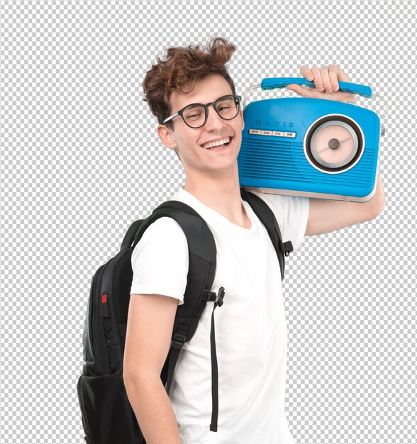 Happy young student with a vintage radio