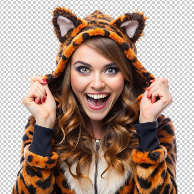 PSD happy young woman dressed in crazy cat halloween isolated on transparent background