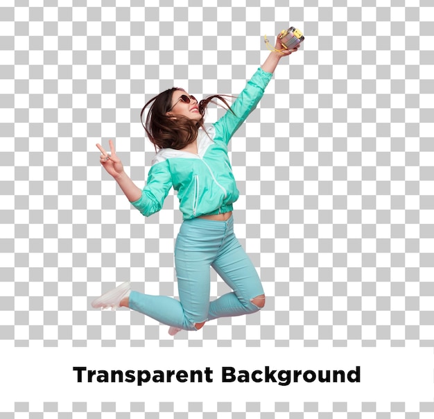 Happy young woman jumping transparent background