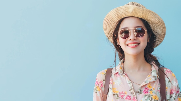 PSD 밝은 파란색 배경에 여름 모자와 선글라스를 입은 행복한 젊은 여성