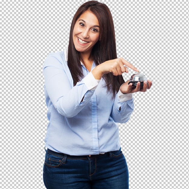 Happy young woman with button