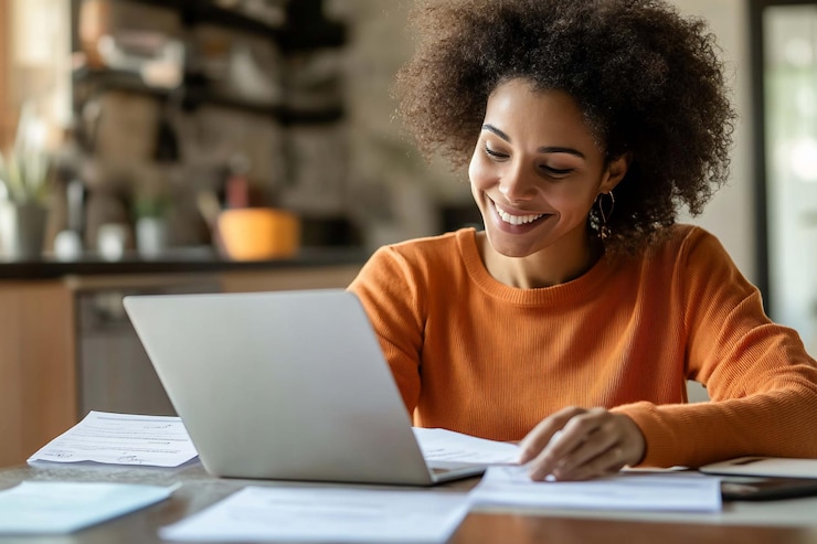 PSD happy young woman working on laptop and documents at home