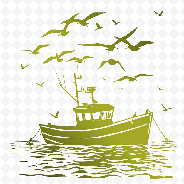 PSD Портовый контур с дизайном лодки и символами чайки для иллюстрации декоративных мотивов