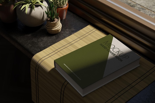 하드 커버 책은 식물 3d 렌더링이 있는 창 일광 인테리어 근처에서 조롱합니다.