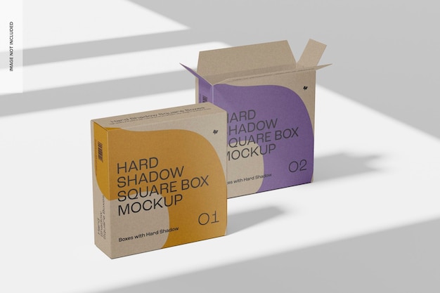 PSD hard shadow square boxes mockup, perspective