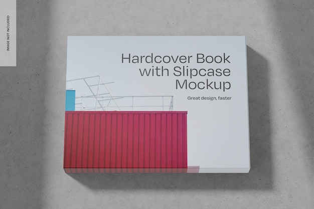 PSD hardcover boek met slipcase op beton mockup top view