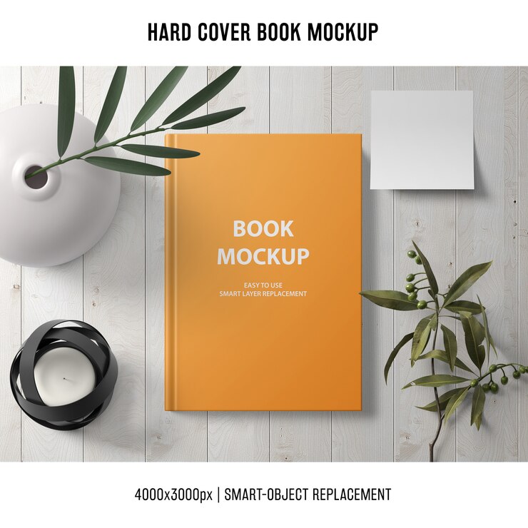 PSD hardcover boekmodel met planten