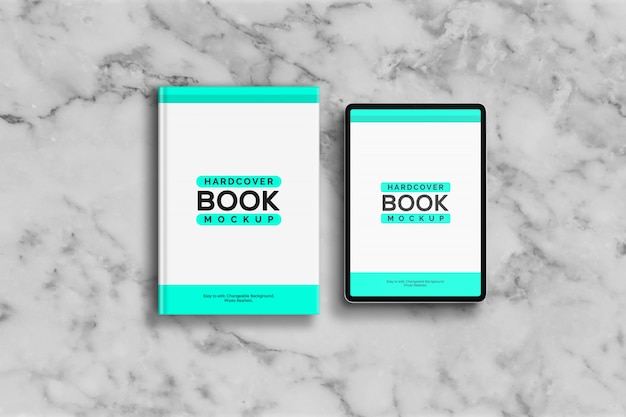 Mockup di libri e tablet con copertina rigida