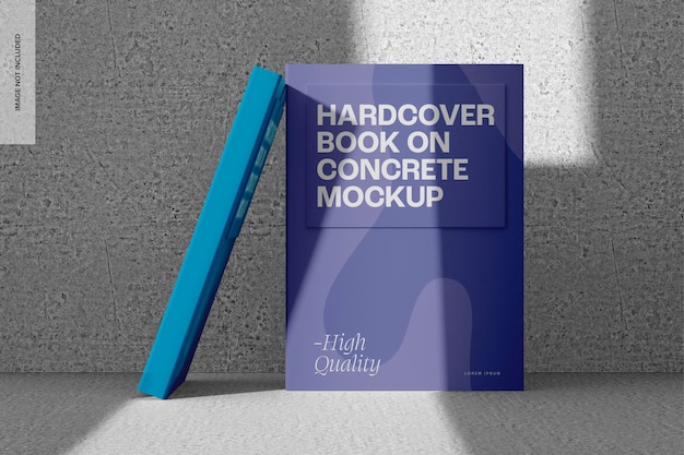 PSD hardcover books on concrete mockup, standing