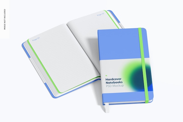 PSD hardcover notebooks with elastic band mockup, opened and closed