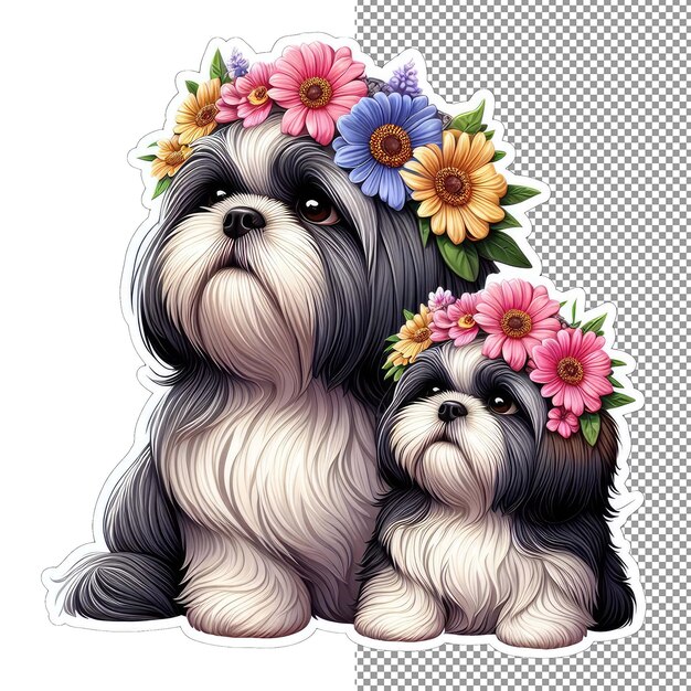 PSD harige familie hond en puppy in flower haven sticker