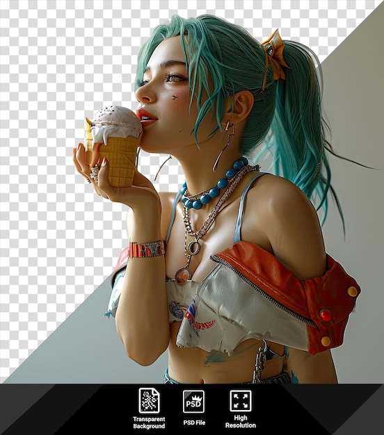 PSD harley quinn de joker gekleed in een blauwe ketting en bruine riem drinkt uit een beker terwijl hij voor een witte muur staat zijn blauwe haar en bruine ogen zijn zichtbaar