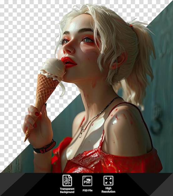 하리  (harley Quinn) 은 은 드레스와 검은 목걸이를 입고 아이스크림 코너를 손에 들고 파란 벽 앞에 서 있습니다.