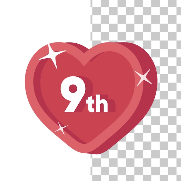 PSD hartbadge voor 9e verjaardag met 3d-weergave en sprankelende effecten