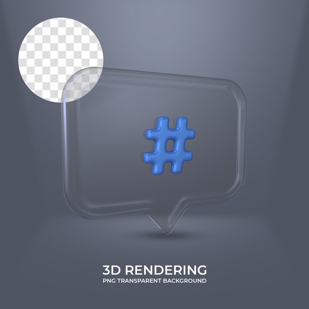 Hashtag icon with glass frame 3d rendering