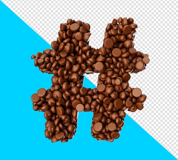 PSD simbolo hashtag fatto di gocce di cioccolato pezzi di cioccolato lettera dell'alfabeto simbolo hash illustrazione 3d