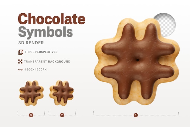 Simbolo hashtag a forma di ciambelle al cioccolato nel rendering 3d con sfondo trasparente