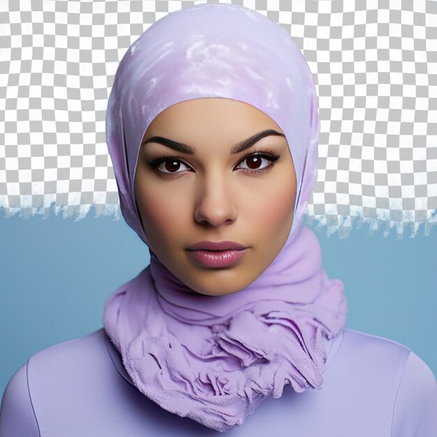 PSD a hateful adult woman with bald hair from the middle eastern ethnicity dressed in skating in the rink attire poses in a close up of eyes style against a pastel lavender background