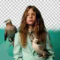 PSD a hateful child boy with long hair from the scandinavian ethnicity dressed in bird watching in nature attire poses in a elegant hand on neck style against a pastel teal background