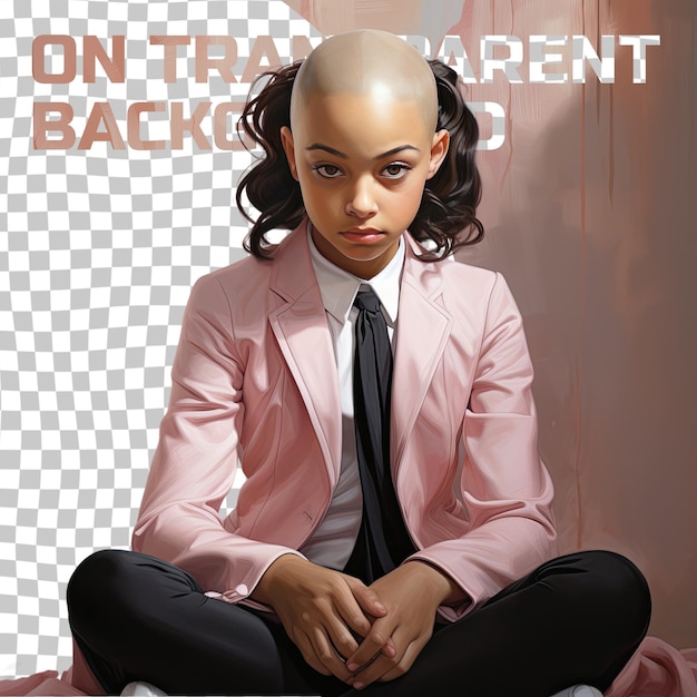 PSD a hateful child girl with bald hair from the pacific islander ethnicity dressed in lawyer attire poses in a leaning forward with elbows on knees style against a pastel mauve background