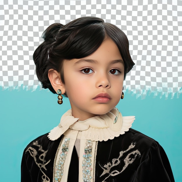 PSD a hateful child girl with short hair from the native american ethnicity dressed in fashion designer attire poses in a soft gaze with tilted head style against a pastel turquoise background