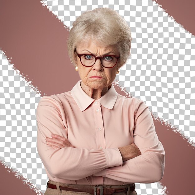 PSD hateful scandinavian blonde senior in teacher outfit serious stance arms folded pastel beige background