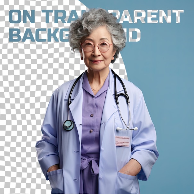A hateful senior woman with wavy hair from the east asian ethnicity dressed in oncologist attire poses in a standing with tilted hips style against a pastel periwinkle background