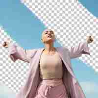 PSD a hateful young adult woman with bald hair from the west asian ethnicity dressed in actor attire poses in a standing with arms raised style against a pastel sky blue background