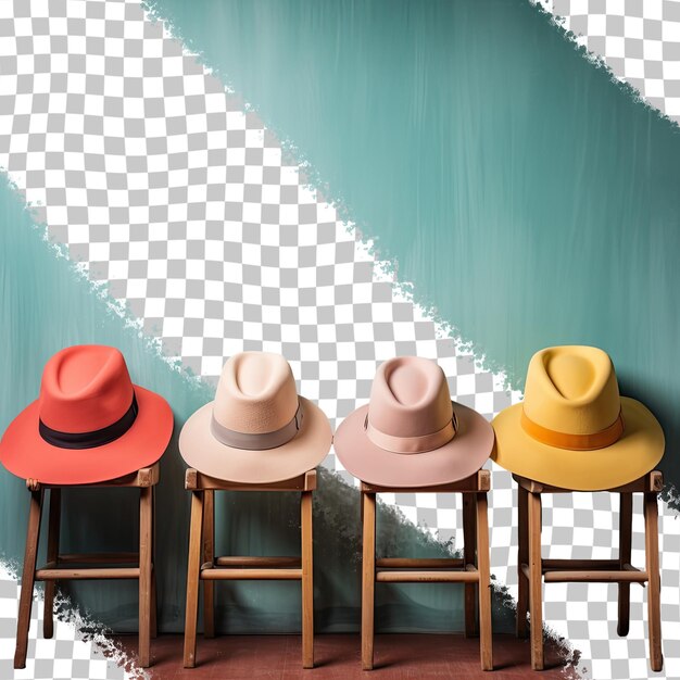 PSD hats of different colors on a wooden chair with a transparent background