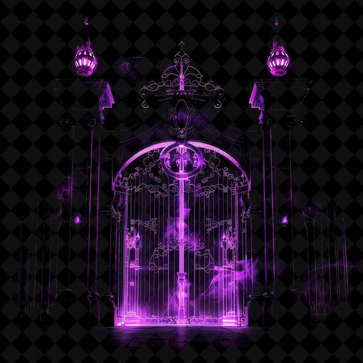PSD haunted castle gate with ghostly apparitions and gothic arch png y2k shape neon color collection