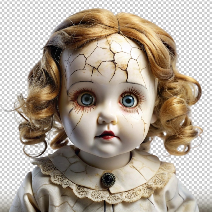 PSD haunted doll with cracked porcelain skin and empty eyes isolated on transparent background