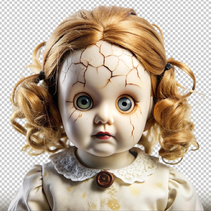 PSD haunted doll with cracked porcelain skin and empty eyes isolated on transparent background