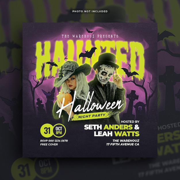 PSD haunted halloween night party flyer social media post en webbanner