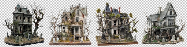 PSD modello di casa infestata con alberi nudi isolati su uno sfondo trasparente