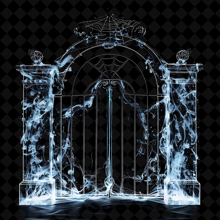 PSD haunted mansion gate with ghostly apparitions and spider web png y2k shape neon color collection