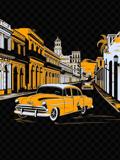 Havana Z Vintage Sceną Uliczną I Klasycznymi Samochodami Cigar Fact Psd Vector T-shirt Tattoo Ink Scape Art