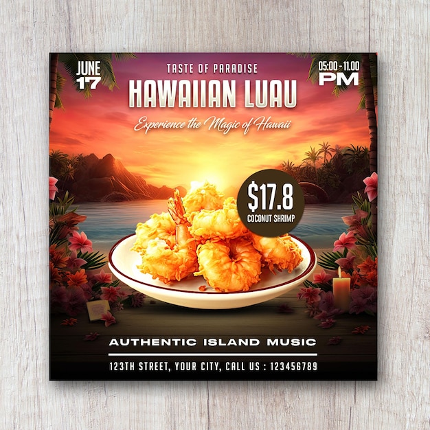 Hawaiian tropical food menu promotion flyer social media banner