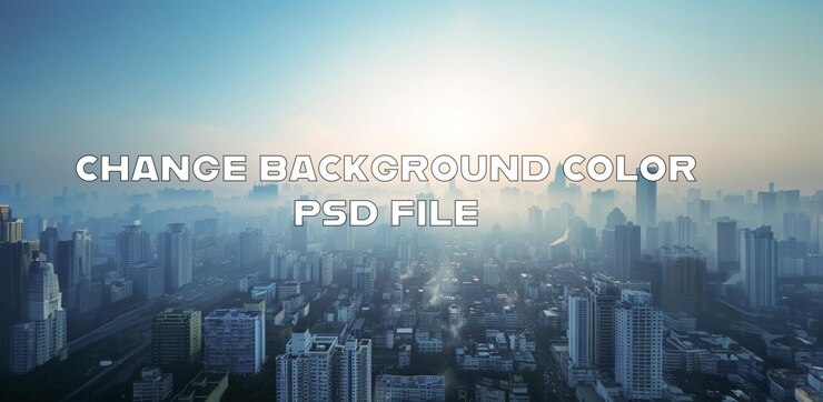 PSD 도시 지평선 위 에 흐릿 한 해가 뜨는 것
