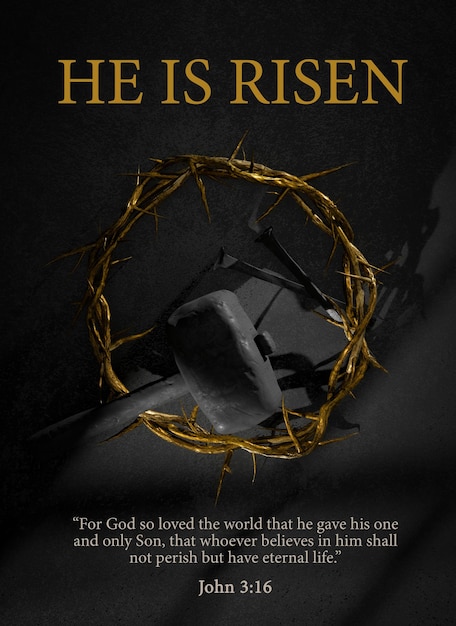 Он воскрес Пасха Дизайн плаката Иисус Христос Терновый венец Гвозди и молот Символ воскресения 3D-рендеринг