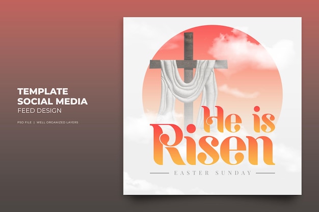 PSD he is risen easter sunday social media instagram post with crosses