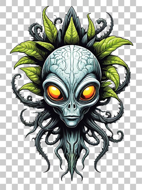 PSD head alien monster plants fantasy with colorful feathers on transparent background