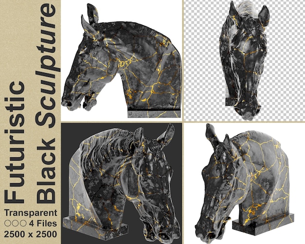 PSD head of a horse study for equestrian 3d digital sculpture in black marble and gold