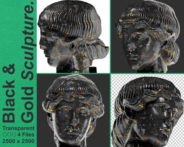 PSD head of orpheus a captivating black marble statue with golden accents for artistic projectsxa