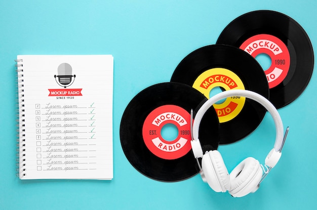 Headphones and vinyl records mock-up