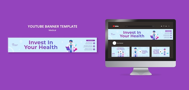 PSD modello di banner youtube per il check-up sanitario e l'assistenza sanitaria