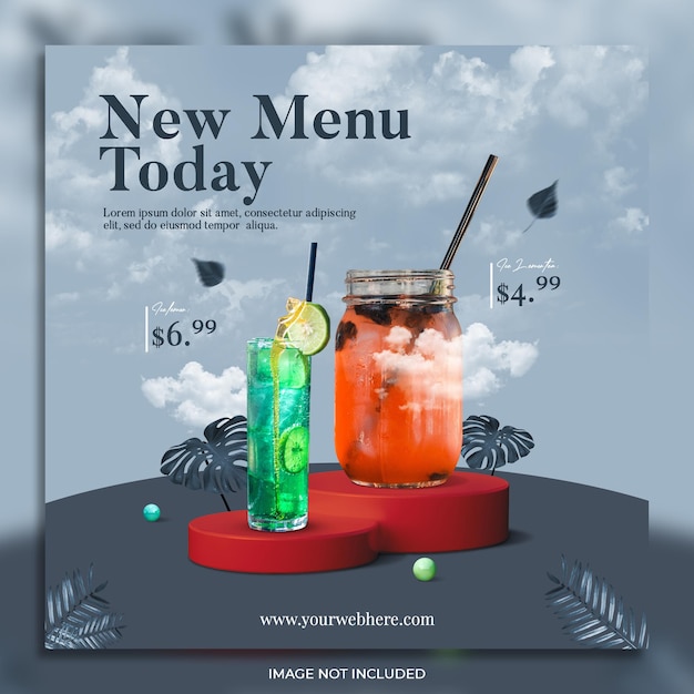 Modello di banner post instagram di social media per la promozione del menu delle bevande salutari