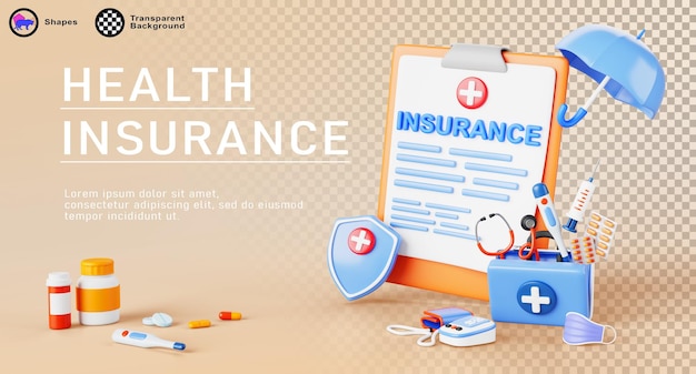 Health insurance 3d banner Render cartoon poster of clipboard with policy document shield with cross umbrella first aid kit with medicines Medical protection for life guarantee
