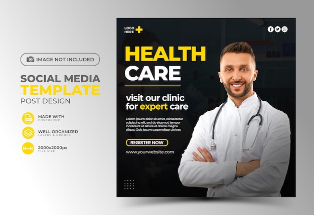 Healthcare banner or medical square flyer with doctor theme for social media post template