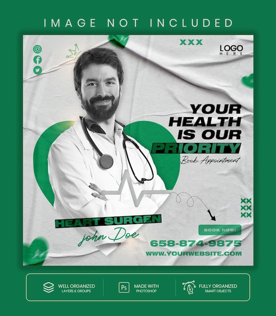 healthcare banner or square flyer with doctor theme for social media post template