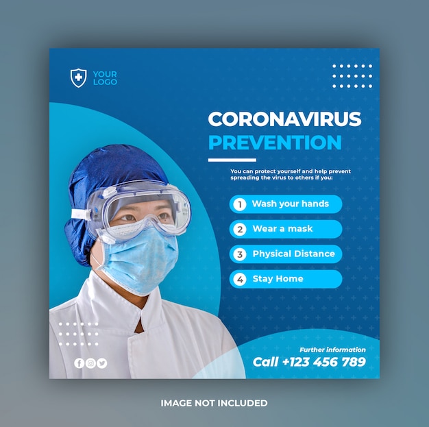 Banner sanitario o volantino quadrato con tema di prevenzione virus per modello di post di social media